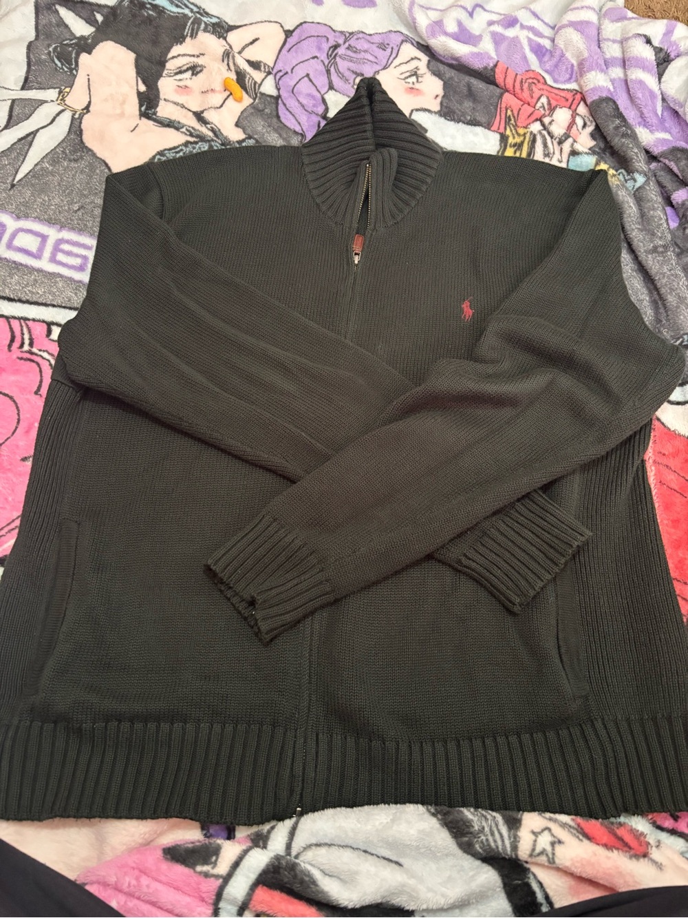 Ralph Lauren Dark Green Half-Zip Ribbed Sweater with Polo Pony